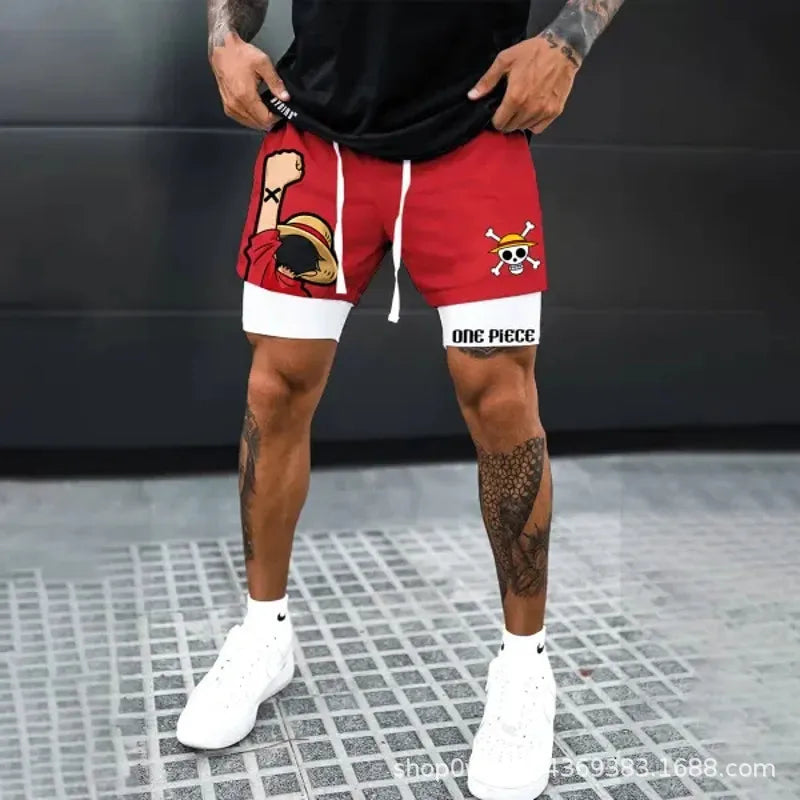One Piece 3D Print Luffy Men 2 In 1 Swimming Trunks Shorts with Compression Quick Dry Swiming Double Layer Running Beach Shorts