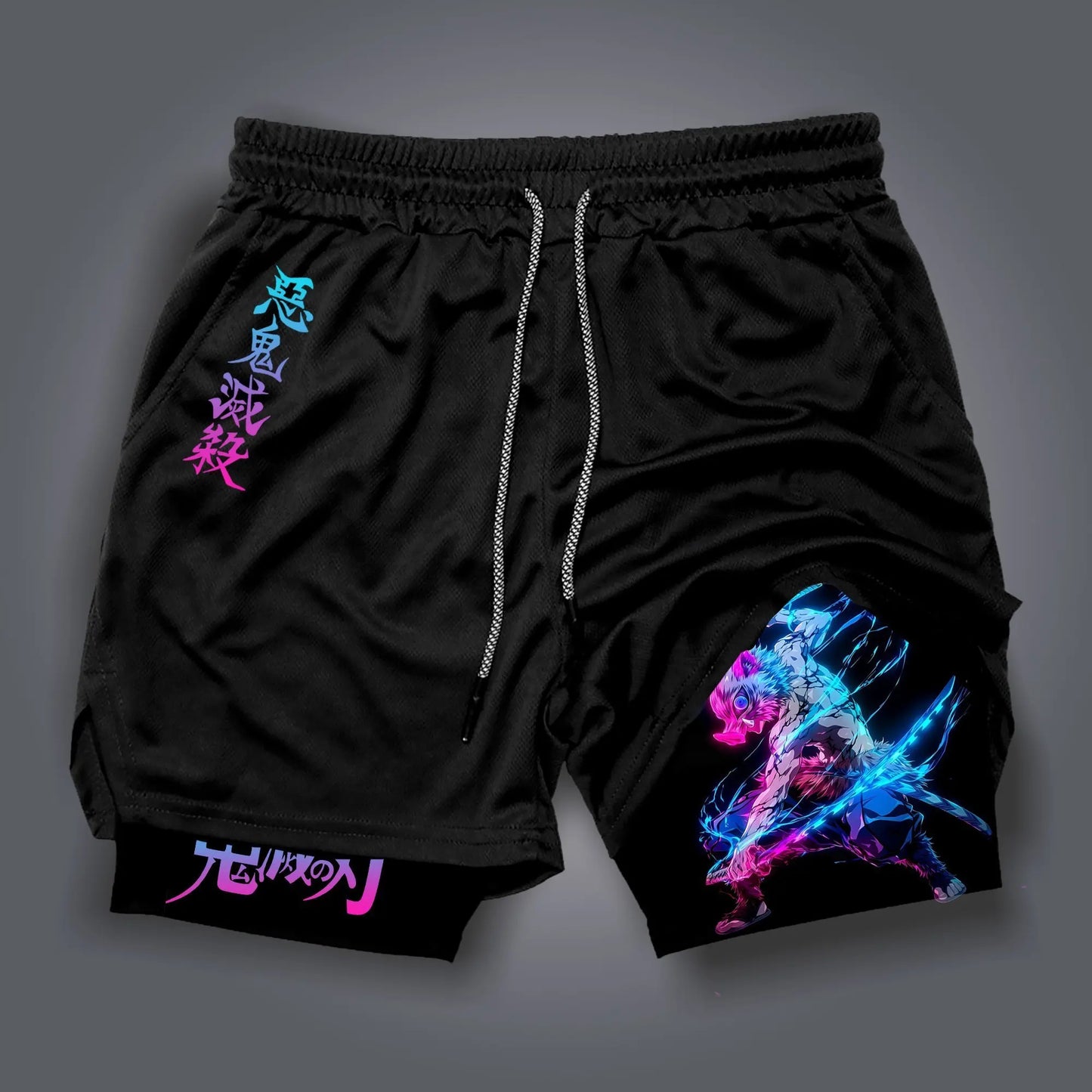 Summer Quick Dry Gym Shorts Man Demon Slayer Fashion Anime Print Double-layer Pants Streetwear Sportswear Fitness Beach Pants