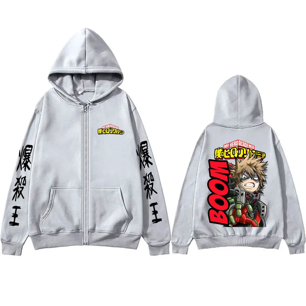 Anime My Hero Academia Merch Zipper Hoodie Cartoon Bakugou Katsuki Zip Up Jacket Men Manga Casual Oversized Zip Up Sweatshirt