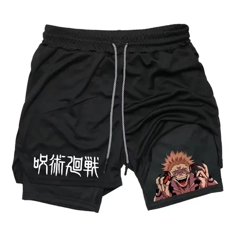 Sukuna Men's Double Layer 2-in-1 combat fitness pants Sports Shorts Jujutsu Kaisen Japanese Anime pocket Quick-Drying sweatpants