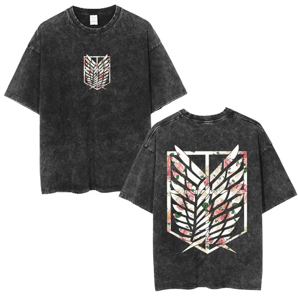 Vintage Washed Anime Attack on Titan Eren Jaeger T-shirt Men Women Fashion Short Sleeve T Shirts Cotton T-shirt Tops 2026 Summer