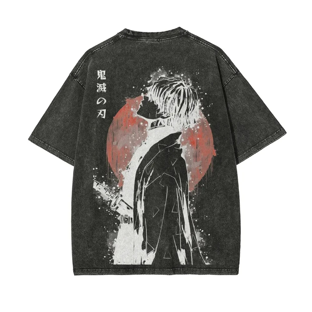 2026 Summer New Zenitsu Agatsuma Breath of Thunder Retro Washed Old T-shirt Demon Slayer 90s Street Style Short-sleeved Top