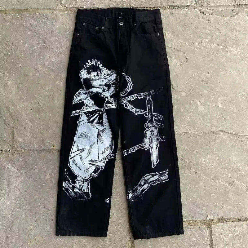 New Trend Printed Demon Slayer One Piece Jujutsu Kaisen Anime Characters Teen Loose Casual Jeans Japanese Retro Straight Jeans