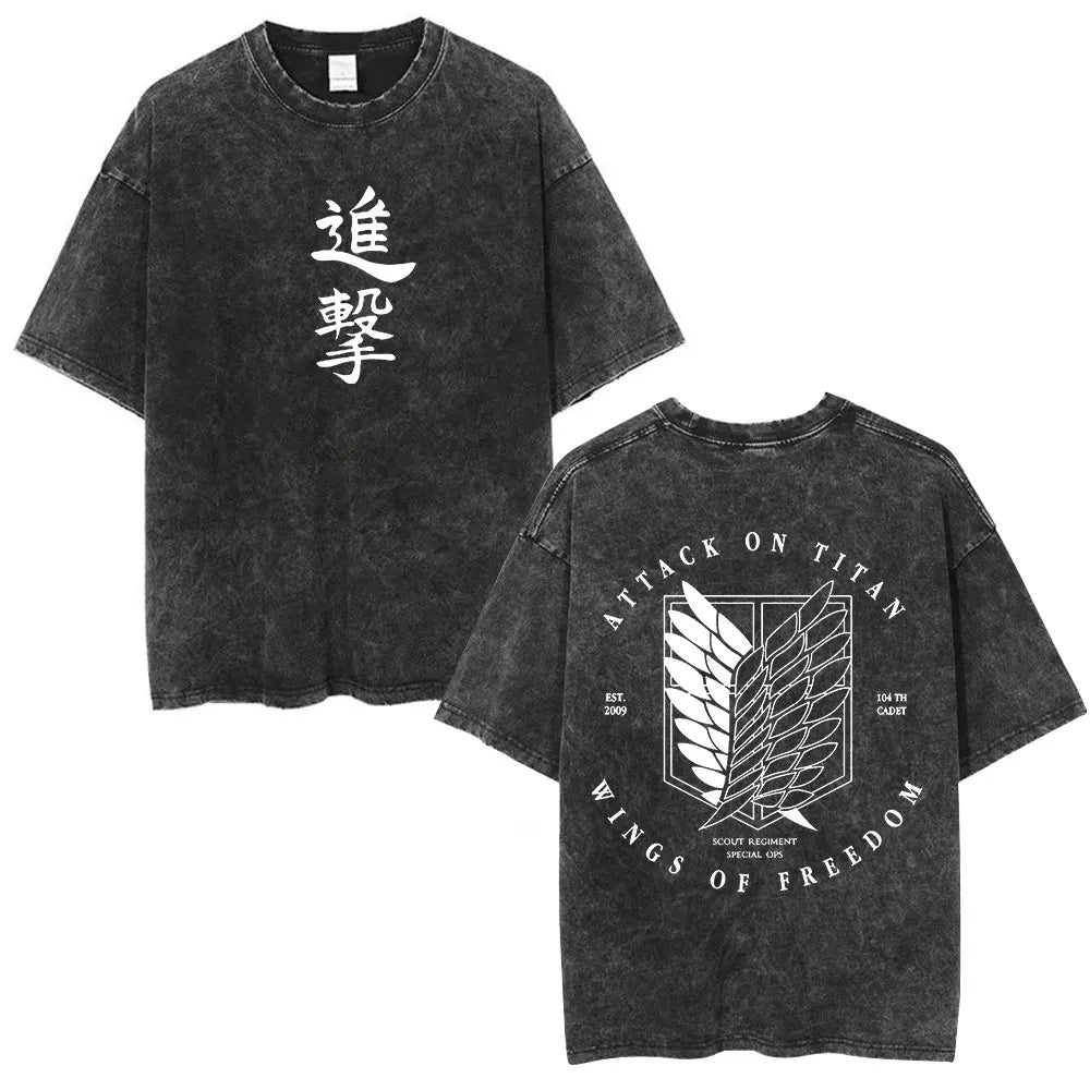 Vintage Washed Anime Attack on Titan Eren Jaeger T-shirt Men Women Fashion Short Sleeve T Shirts Cotton T-shirt Tops 2026 Summer