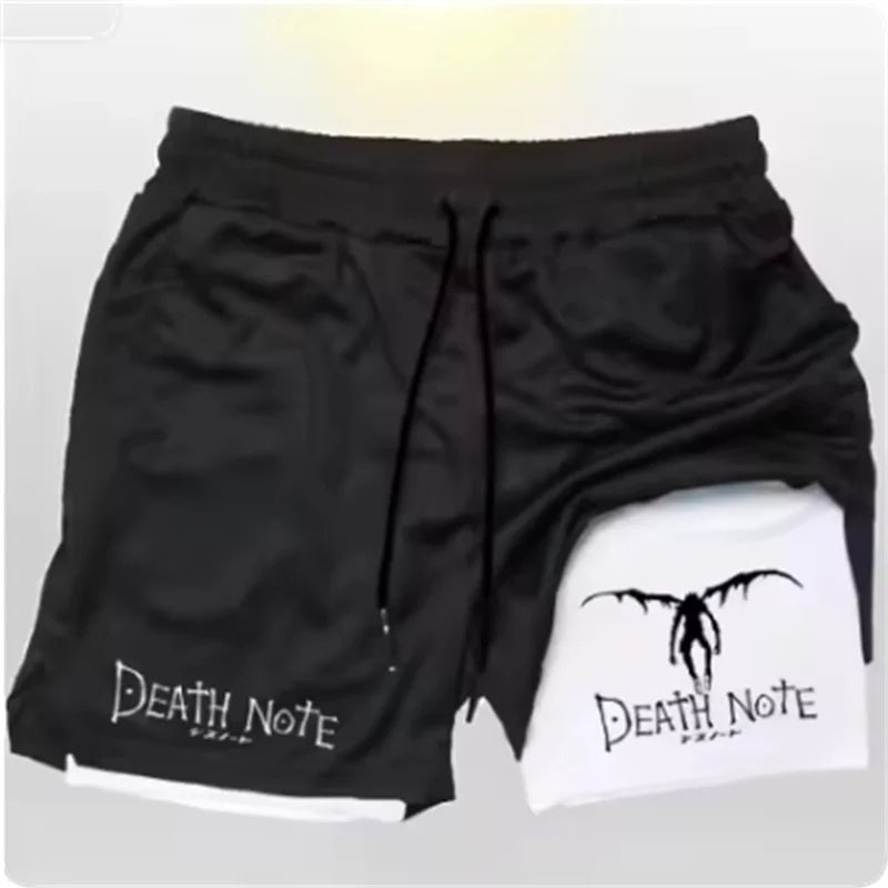 Death Note Anime Men's 2-in-1 Quick Dry Shorts Double-Deck Gym Running Sport Fitness Jogging Workout Outdoor Short Pants