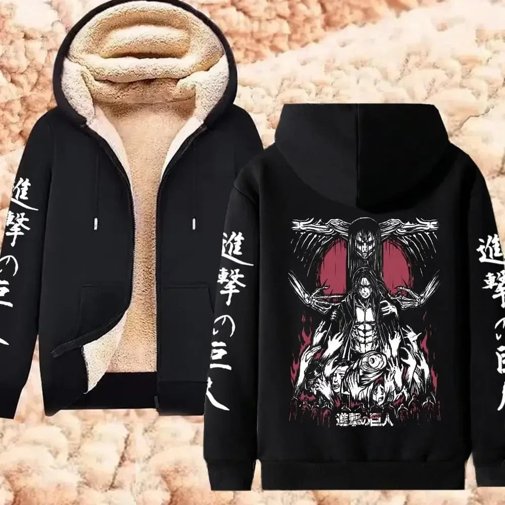 Attack on Titan Winter Warm Zipper Jacket Anime Print Hoodies Men Women Thicken Zip Up Sweatshirts Harajuku Hip Hop Streetwear