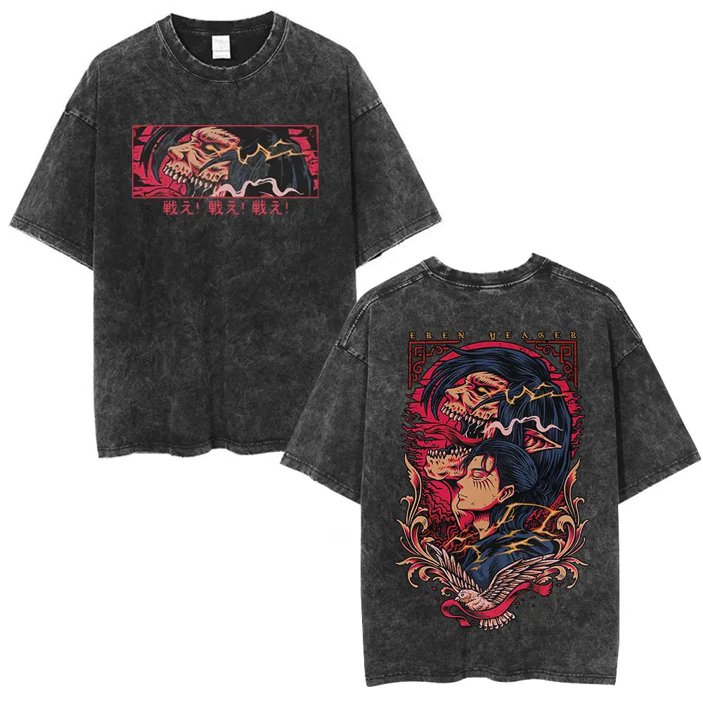 Vintage Washed Anime Attack on Titan Eren Jaeger T-shirt Men Women Fashion Short Sleeve T Shirts Cotton T-shirt Tops 2026 Summer