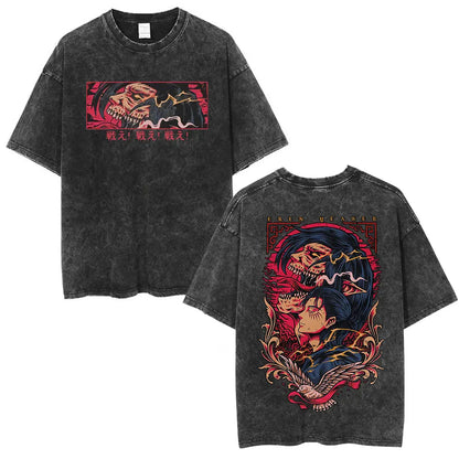 Vintage Washed Anime Attack on Titan Eren Jaeger T-shirt Men Women Fashion Short Sleeve T Shirts Cotton T-shirt Tops 2026 Summer