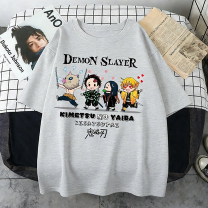 Plus Size Demon Slayer Summer Anime Printed Men, Women T-shirt Casual Parent Child Top Fashion Street Wear Harajuku Style Y2K