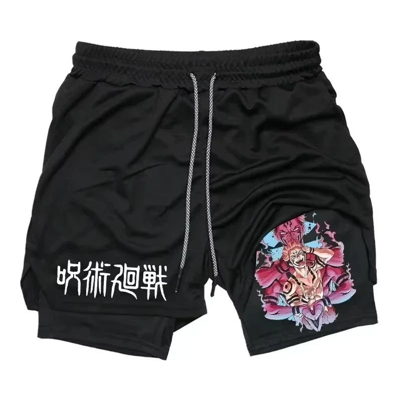 Sukuna Men's Double Layer 2-in-1 combat fitness pants Sports Shorts Jujutsu Kaisen Japanese Anime pocket Quick-Drying sweatpants
