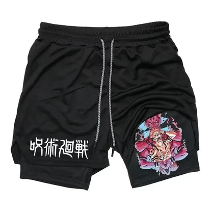 Sukuna Men's Double Layer 2-in-1 combat fitness pants Sports Shorts Jujutsu Kaisen Japanese Anime pocket Quick-Drying sweatpants