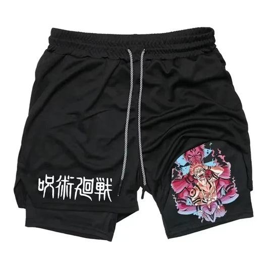Sukuna Men's Double Layer 2-in-1 combat fitness pants Sports Shorts Jujutsu Kaisen Japanese Anime pocket Quick-Drying sweatpants