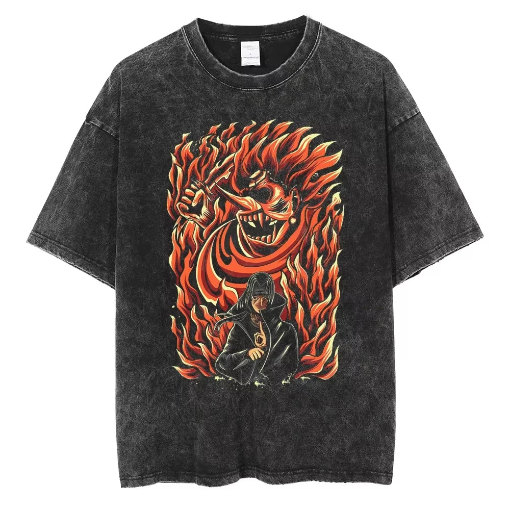 Hip Hop Streetwear Japanese Anime Naruto Print T Shirt Vintage Black T-Shirt Harajuku Cotton Casual Tops Men Short Sleeve Tshirt
