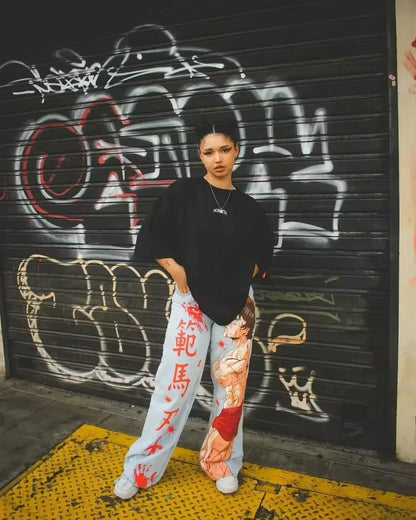 New Trend Printed Demon Slayer One Piece Jujutsu Kaisen Anime Characters Teen Loose Casual Jeans Japanese Retro Straight Jeans