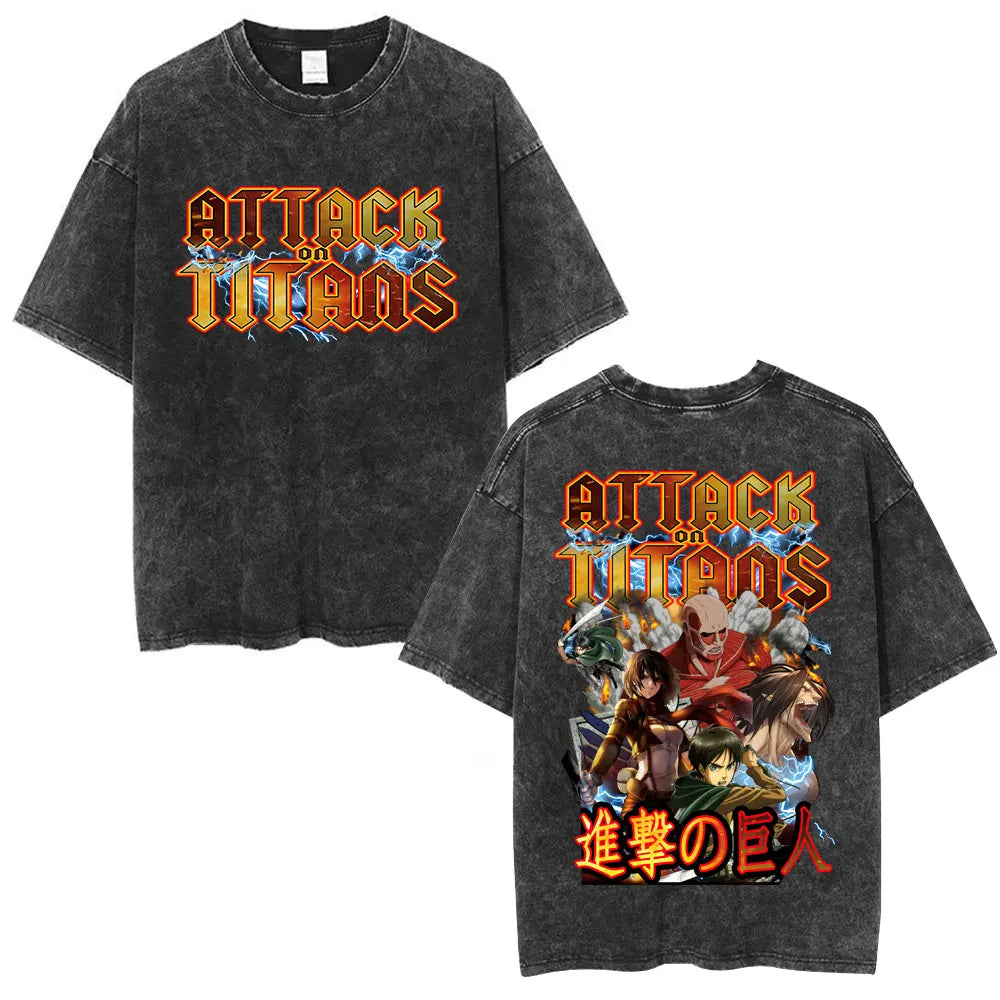 Vintage Washed Anime Attack on Titan Eren Jaeger T-shirt Men Women Fashion Short Sleeve T Shirts Cotton T-shirt Tops 2026 Summer