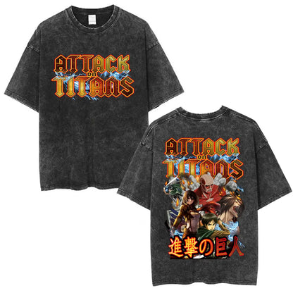 Vintage Washed Anime Attack on Titan Eren Jaeger T-shirt Men Women Fashion Short Sleeve T Shirts Cotton T-shirt Tops 2026 Summer