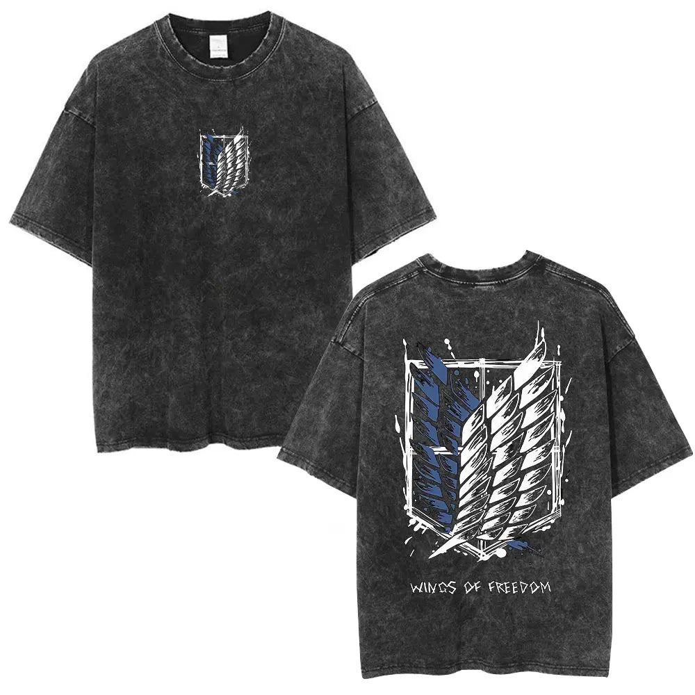 Vintage Washed Anime Attack on Titan Eren Jaeger T-shirt Men Women Fashion Short Sleeve T Shirts Cotton T-shirt Tops 2026 Summer