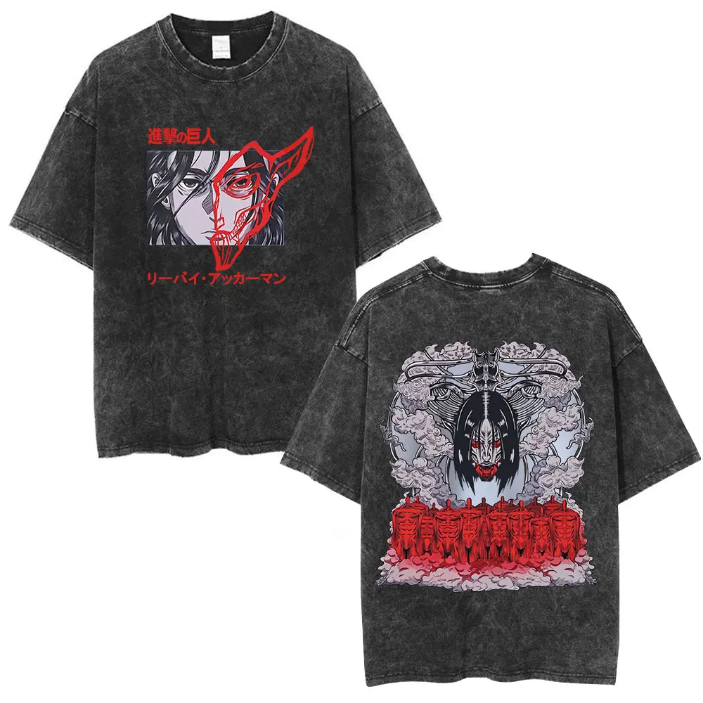Vintage Washed Anime Attack on Titan Eren Jaeger T-shirt Men Women Fashion Short Sleeve T Shirts Cotton T-shirt Tops 2026 Summer