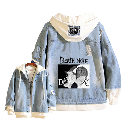 Anime Death Note Girls Loose Jeans Jacket Cartoon Ryuk Print Hoodie Streetwear Couple Sweatshirts Demin Hooded Coats Outerwear