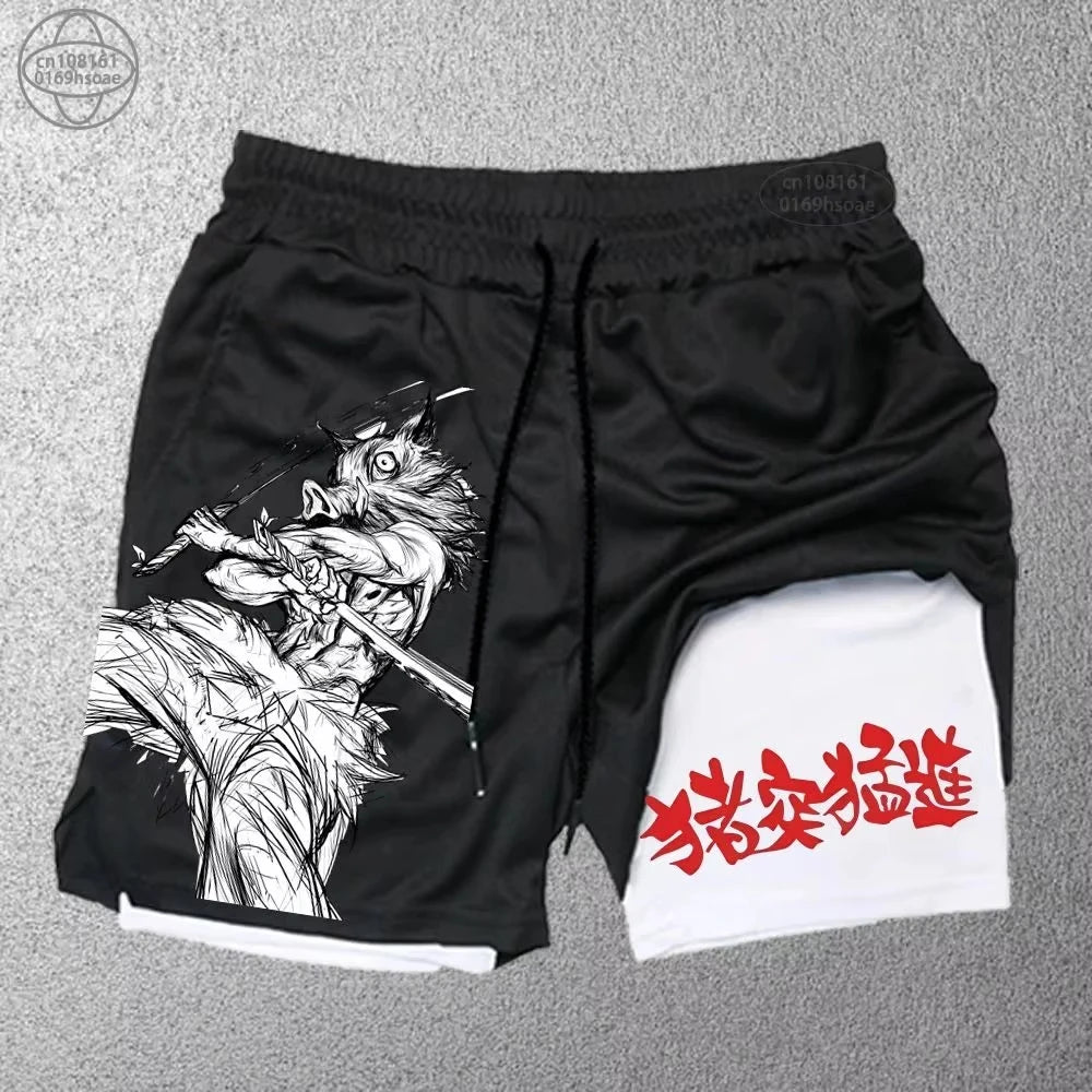 Demon Slayer Print Men's Shorts Summer Women's Double Layer Shorts Gym Running Sports 2-in-1 Pant Breathable Quick-Drying Shorts