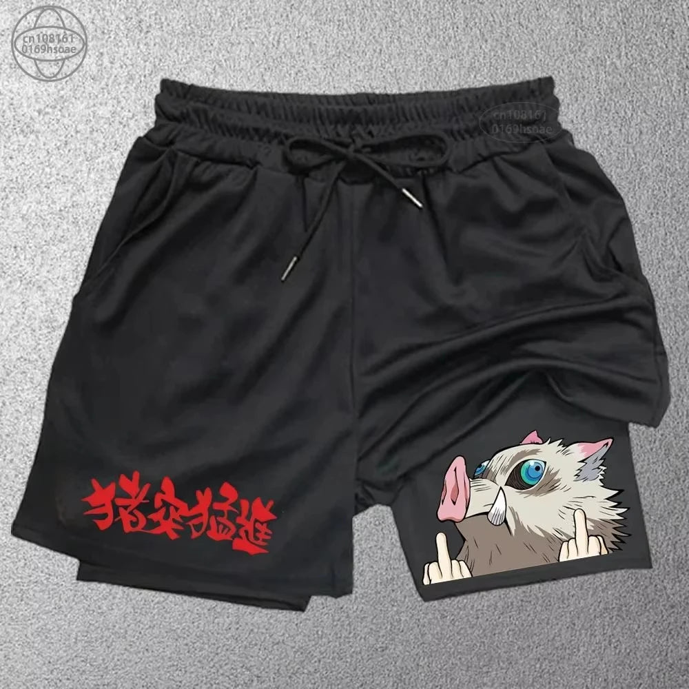 Demon Slayer Print Men's Shorts Summer Women's Double Layer Shorts Gym Running Sports 2-in-1 Pant Breathable Quick-Drying Shorts