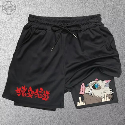 Demon Slayer Print Men's Shorts Summer Women's Double Layer Shorts Gym Running Sports 2-in-1 Pant Breathable Quick-Drying Shorts
