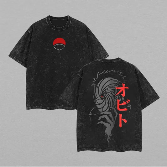 2026 Summer Naruto Obito Uchiha T Shirt Mask Vintage Acid Wash Streetwear  Retro Anime Graphic Men Tees Cotton Top Clothing