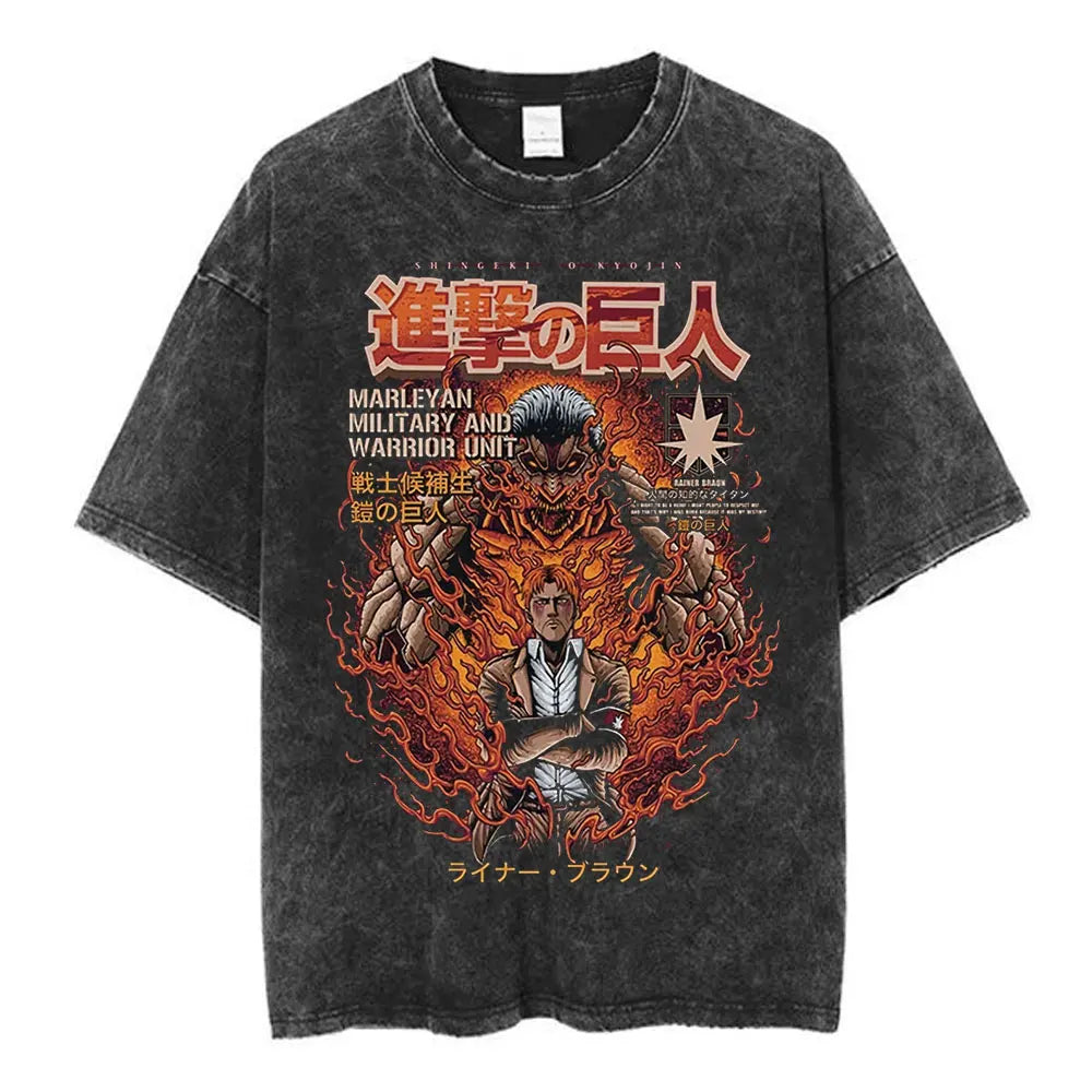 Vintage Washed Anime Attack on Titan Eren Jaeger T-shirt Men Women Fashion Short Sleeve T Shirts Cotton T-shirt Tops 2026 Summer