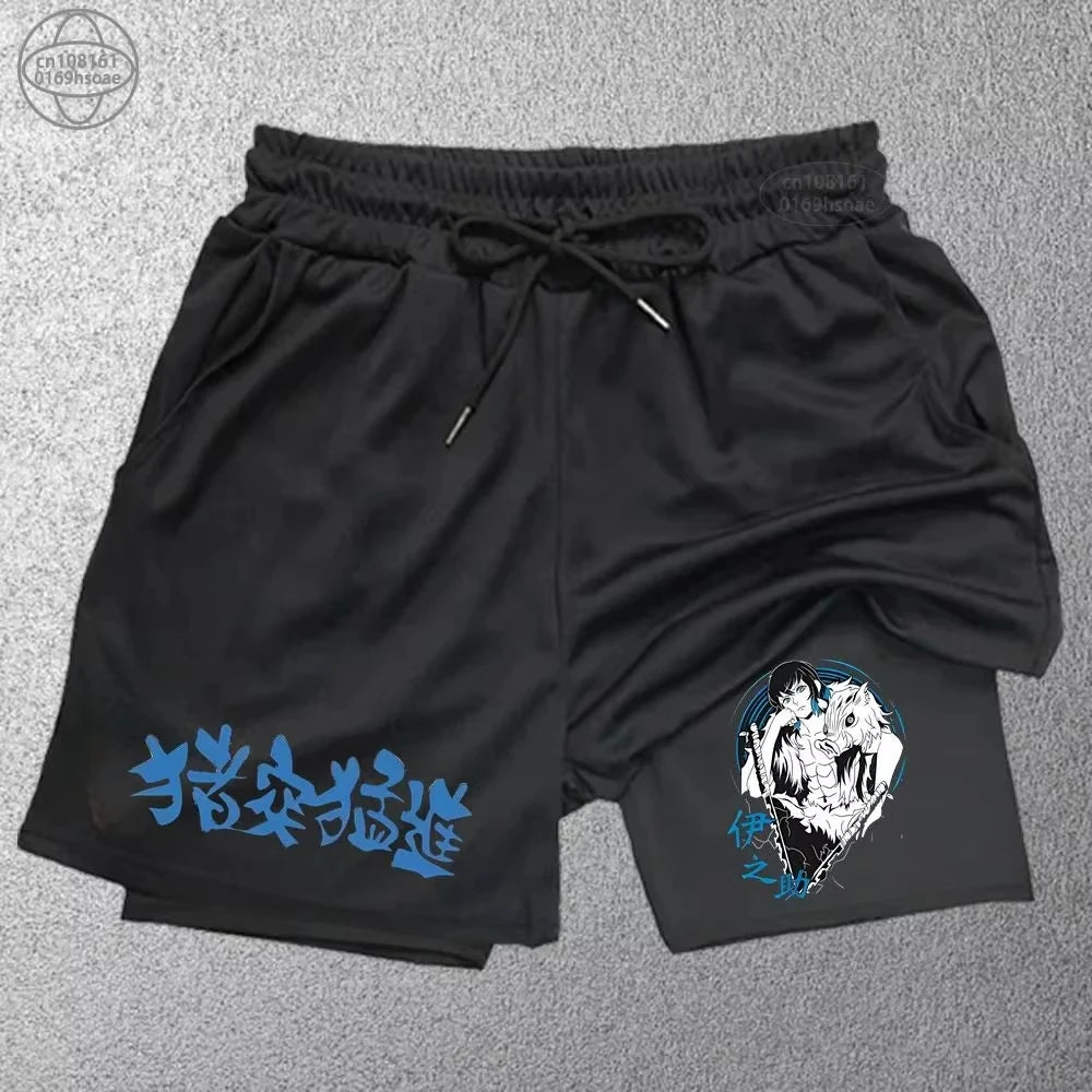 Demon Slayer Print Men's Shorts Summer Women's Double Layer Shorts Gym Running Sports 2-in-1 Pant Breathable Quick-Drying Shorts