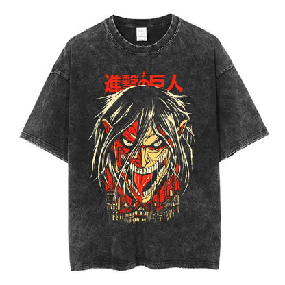 Vintage Washed Anime Attack on Titan Eren Jaeger T-shirt Men Women Fashion Short Sleeve T Shirts Cotton T-shirt Tops 2026 Summer