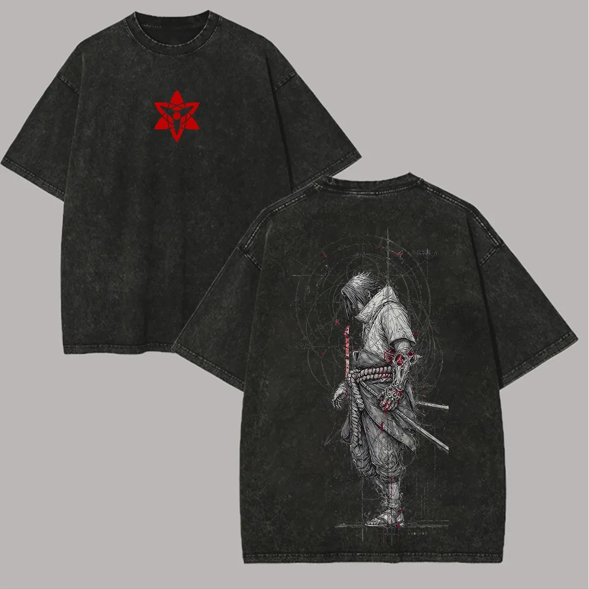 Sasuke Uchiha T Shirt Mangekyou Sharingan Vintage Acid Wash Streetwear Oversized Naruto Retro Anime Graphic Men Tees Cotton