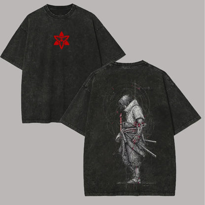 Sasuke Uchiha T Shirt Mangekyou Sharingan Vintage Acid Wash Streetwear Oversized Naruto Retro Anime Graphic Men Tees Cotton
