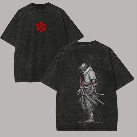 Sasuke Uchiha T Shirt Mangekyou Sharingan Vintage Acid Wash Streetwear Oversized Naruto Retro Anime Graphic Men Tees Cotton