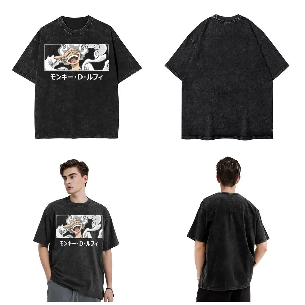Harajuku Washed T Shirt Monkey D.Luffys O-One P-Piece Loose T-Shirts Hip Hop Tshirt for Men Summer Y2K Fun Print Clothing