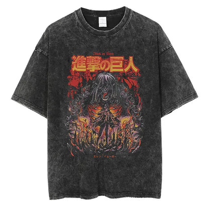 Anime Attack on Titan Vintage Washed Print T-shirt Mikasa Ackerman Eren Jaeger Wings of Freedom Logo Mens Summer Cotton T-shirts