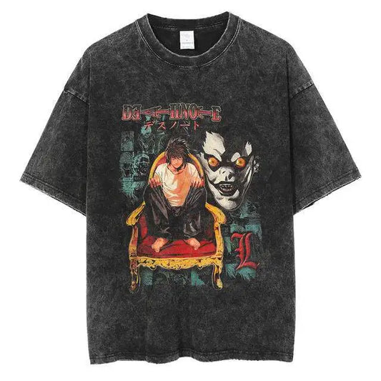 Death Note L Lawliet Ryuk Throne Vintage Washed T Shirt 2026 Summer Oversized Streetwear Anime Graphic Tee for Men Women  Tops