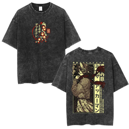 Vintage Washed Anime Attack on Titan Eren Jaeger T-shirt Men Women Fashion Short Sleeve T Shirts Cotton T-shirt Tops 2026 Summer