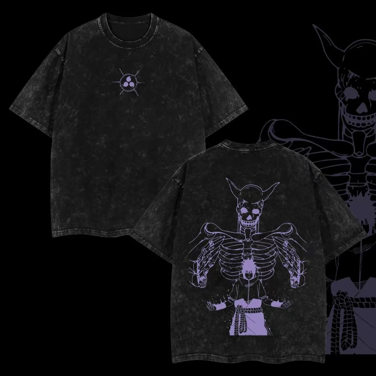 Sasuke Susanoo Skeleton T-shirt Naruto Manga Tee Vintage Washed Oversized Retro Anime Harajuku Streetwear Mens Graphic Clothes
