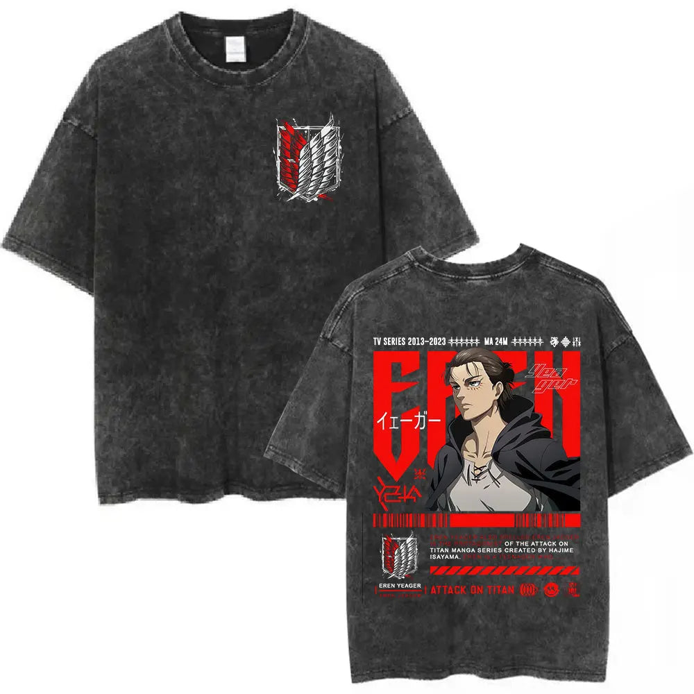 Vintage Washed Anime Attack on Titan Eren Jaeger T-shirt Men Women Fashion Short Sleeve T Shirts Cotton T-shirt Tops 2026 Summer