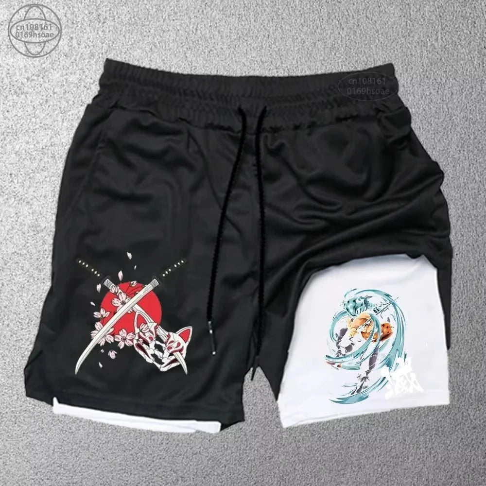 Demon Slayer Print Men's Shorts Summer Women's Double Layer Shorts Gym Running Sports 2-in-1 Pant Breathable Quick-Drying Shorts