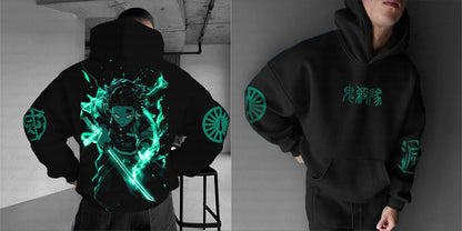 Black Hoodie Set with Demon Slayer Character Green Sword Glow Pattern Front and Back Print Sleeve Design Kimetsu No Yaiba Anime