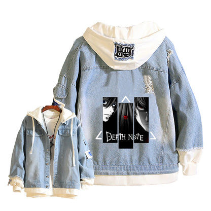Anime Death Note Girls Loose Jeans Jacket Cartoon Ryuk Print Hoodie Streetwear Couple Sweatshirts Demin Hooded Coats Outerwear