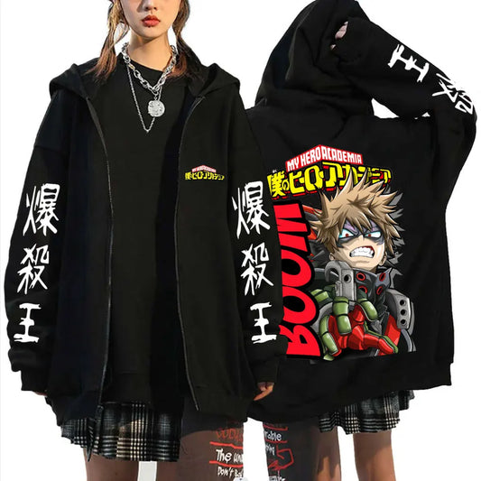Anime My Hero Academia Merch Zipper Hoodie Cartoon Bakugou Katsuki Zip Up Jacket Men Manga Casual Oversized Zip Up Sweatshirt