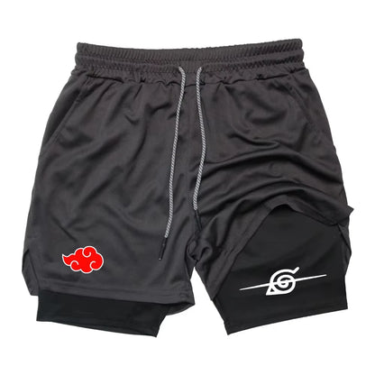 Naruto Anime New Sports 2-in-1 Shorts 2025 Men and Women Summer Gym Training Sweat-absorbing Breathable Fake Two-piece Shorts