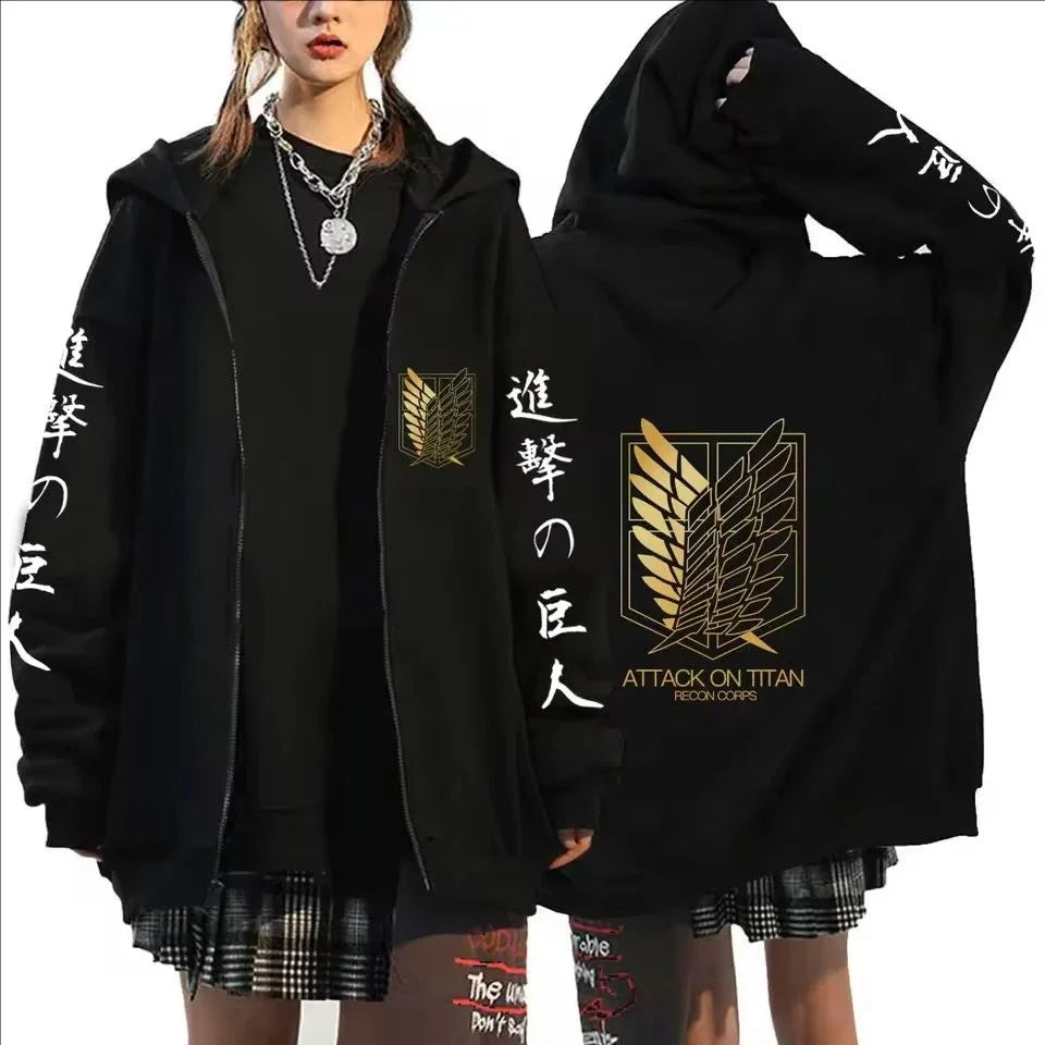 Attack on Titan Trendy Pattern Printed Zipper Hoodie Fashionable Casual Men's and Women's Fleece Versatile Punk Style Hoodie