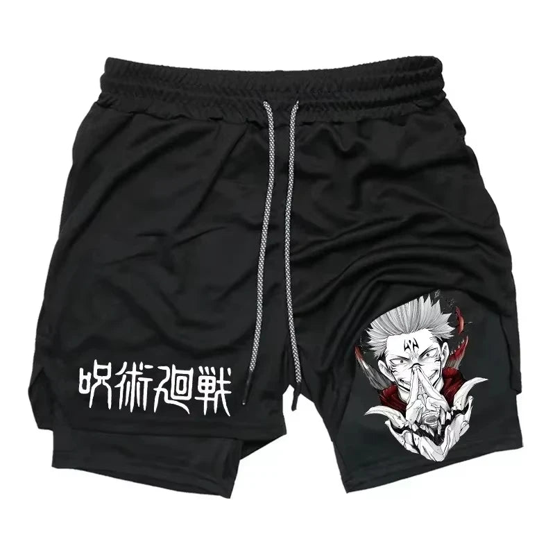 Sukuna Men's Double Layer 2-in-1 combat fitness pants Sports Shorts Jujutsu Kaisen Japanese Anime pocket Quick-Drying sweatpants