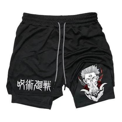 Sukuna Men's Double Layer 2-in-1 combat fitness pants Sports Shorts Jujutsu Kaisen Japanese Anime pocket Quick-Drying sweatpants