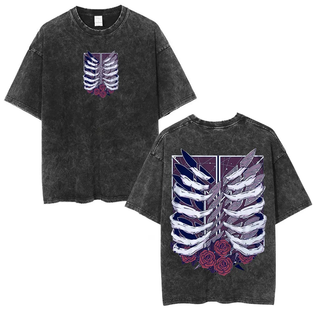 Vintage Washed Anime Attack on Titan Eren Jaeger T-shirt Men Women Fashion Short Sleeve T Shirts Cotton T-shirt Tops 2026 Summer