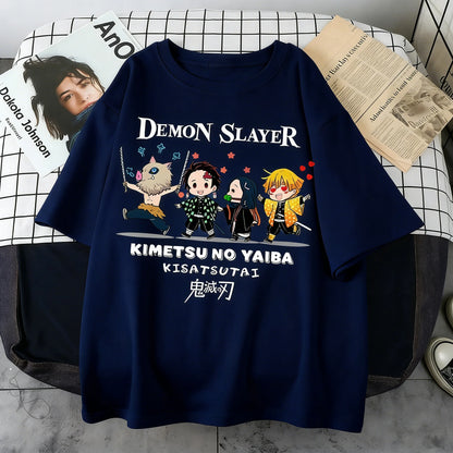 Plus Size Demon Slayer Summer Anime Printed Men, Women T-shirt Casual Parent Child Top Fashion Street Wear Harajuku Style Y2K