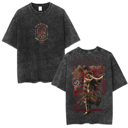 Vintage Washed Anime Attack on Titan Eren Jaeger T-shirt Men Women Fashion Short Sleeve T Shirts Cotton T-shirt Tops 2026 Summer